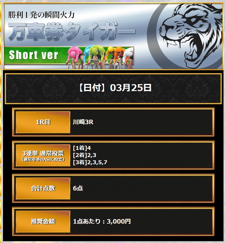 競輪予想サイト　競輪CLUB虎の穴の参加コース　川崎3Rの買い目画像